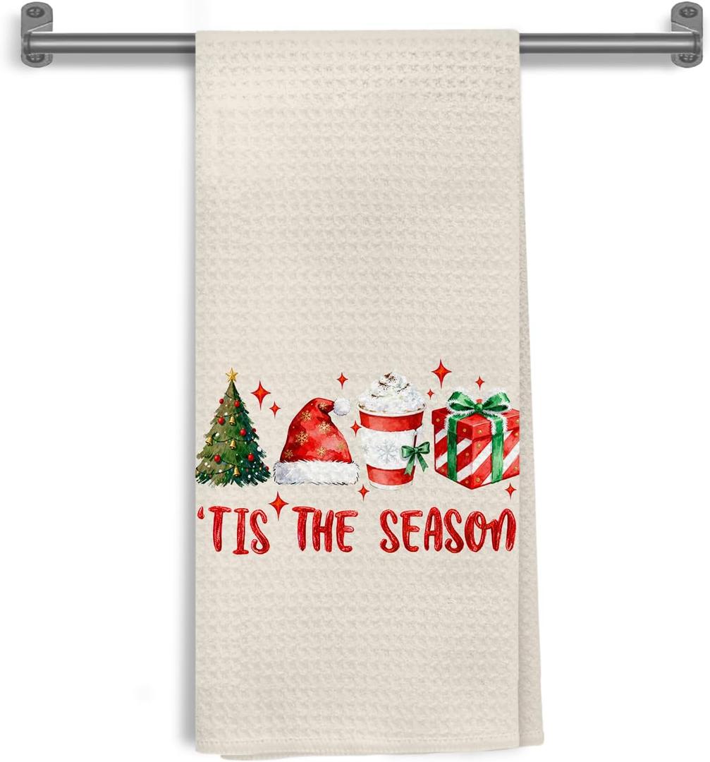 Tis The Season Christmas Kitchen Towels, Winter Bathroom Decor, Winter Latte Santa Presents Tree Coffee Decorative Hand Tea Dish Towels for Bathroom Kitchen, 16x24 Inch (Light Beige)