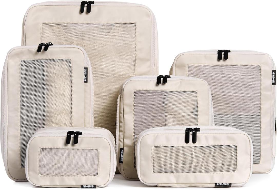 Aerotrunk Compression Packing Cubes for Travel - Luggage Organizer Bags - Double Zipper Packing Cubes for Suitcases (6-Pack, Beige)