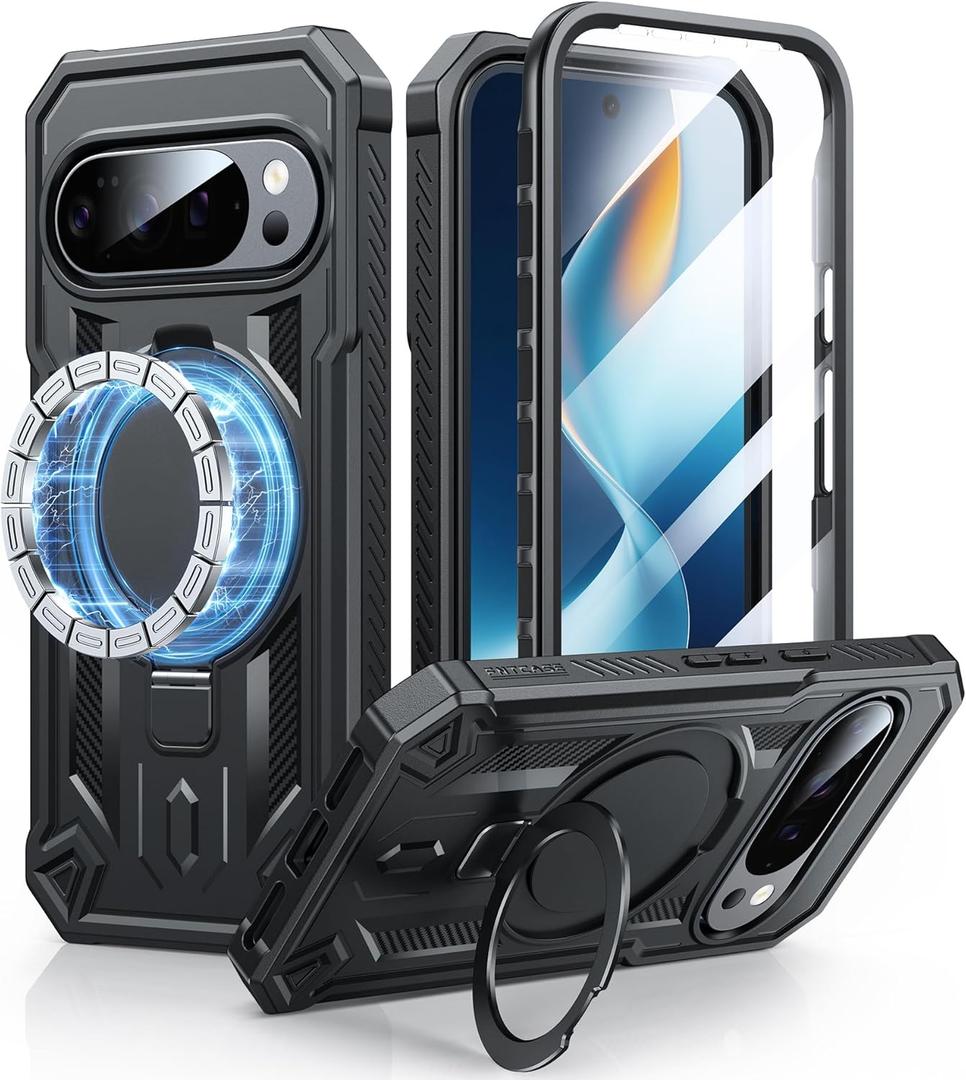 FNTCASE for Google Pixel 10 & 10 Pro Case: for Pixel 9 & 9 Pro Case with Magnetic Ring Stand Holder | Military Grade Shockproof Protective Rugged Cell Phone Cover | Heavy Duty Cases - 6.3 Inch Black