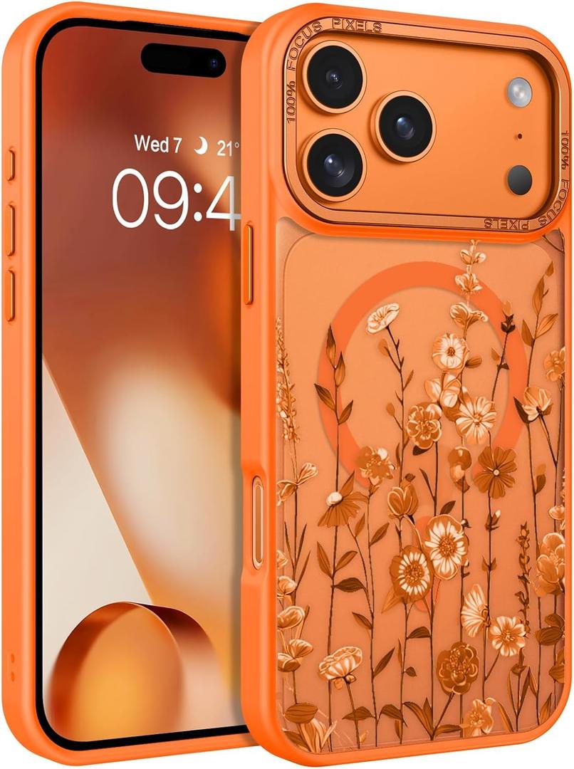DOMAVER for iPhone 17 Pro Max Case, Magnetic Phone Case for iPhone 17 Pro Max [Compatible with MagSafe] Slim Fit Flowers Floral Design Shockproof Protective Bumper Women Men Girls Boys Cover - Orange