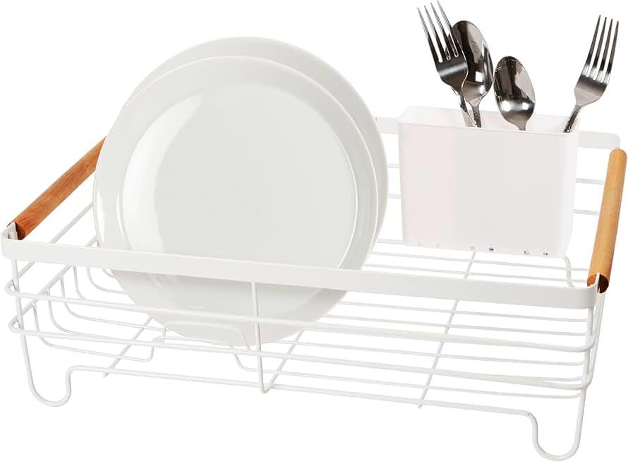 Oggi Large Dish Drying Rack - White & Bamboo Dish Drying Rack, Drying Rack Kitchen, Dish Rack, Dish Racks for Kitchen Counter, Durable Coated Metal Kitchen Drying Rack with Cutlery Holder