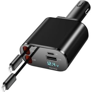 60W Fast Charging Car Charger for iPhone, 4-in-1 Retractable Phone Charger, Travel Essentials, Gifts for Women Men, Car Accessories for Women Men, for iPhone 14 13