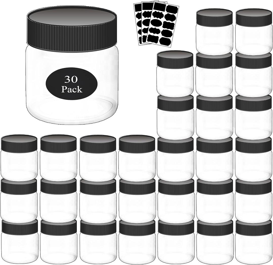Plastic Jars With Lids Slime Containers 8oz-30 Pack-Leakproof Round Plastic Containers for Kitchen Pantry-Ideal For Home Storage-With 30 Chalkboard Stickers