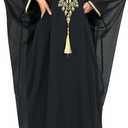One Size Moroccan Kaftan Dress Floral Batwing Dubai Muslim Robe Islamic Wedding Clothes Pakistani Eid Ramadan Caftan (Black Tassel)