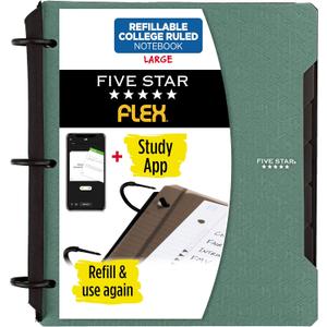 Five Star Flex Refillable Notebook + Study App, College Ruled Paper and 1 Inch TechLock Ring Binder with Pockets, Tabs and Dividers, 200 Sheet Capacity, Seaglass Green (293280AQ8)