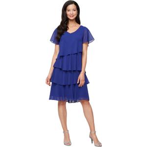 S.L. Fashions Women's V-Neck Chiffon Cocktail Dress with Beaded Shoulders and Asymmetrical Tiers, Iris, 10P