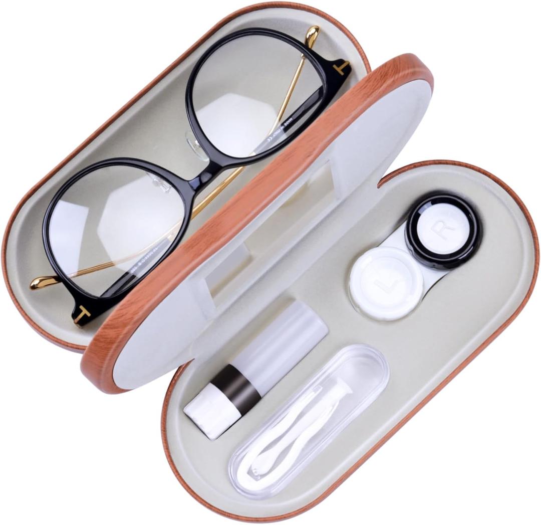 Muf 2 in 1 Contact Lens Case and Glasses Case, Double Sided Design with Mirror, Portable Travel Kit with Tweezer, Remover and Solution Bottle, Walnut Wood