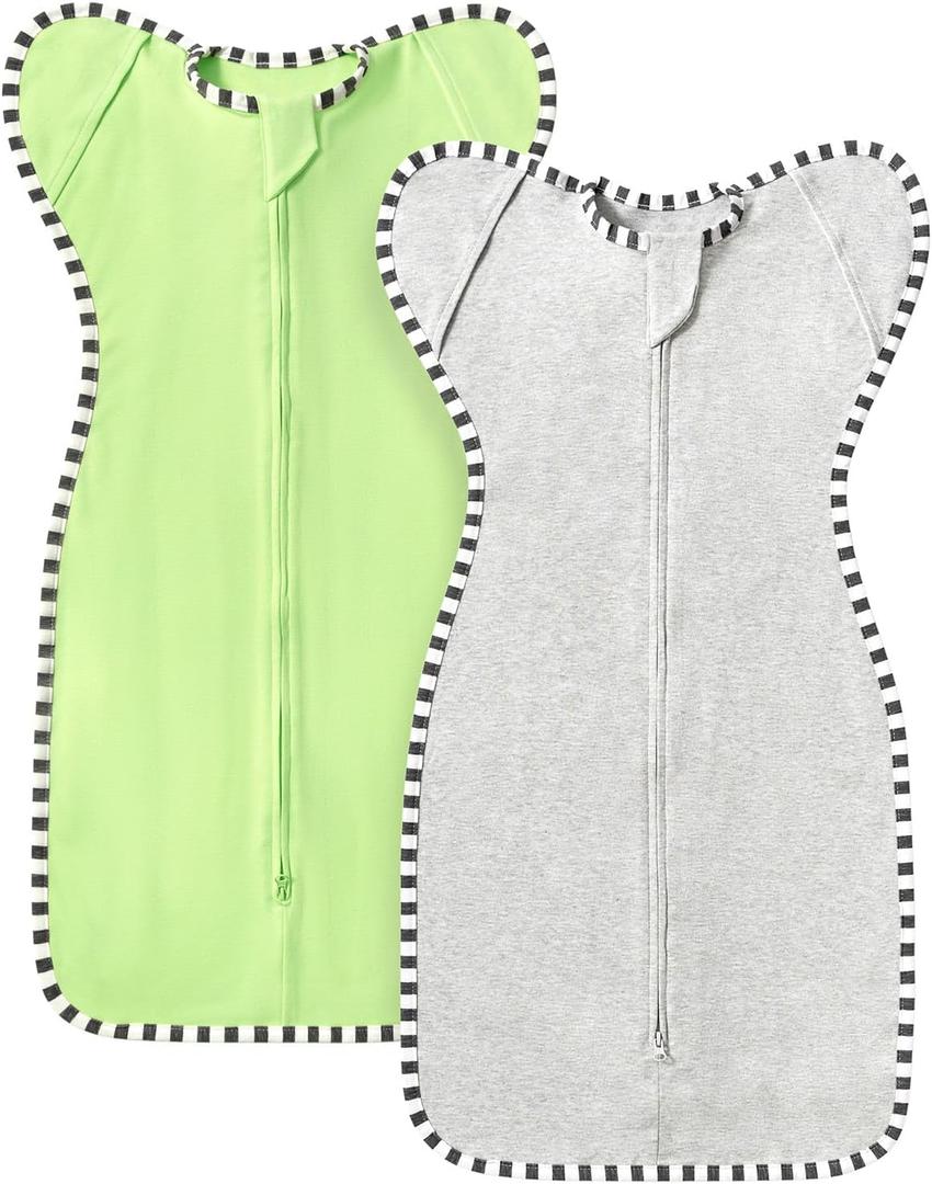 Transition Swaddle, 2 Pack 100% Cotton Baby Sleep Sack, 2-Way Zipper Infant Arm Up Swaddle for Newborn Baby Boys Girls (Light Green + Light Grey, S(0-3 Months)) (S)