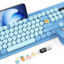 Wireless Keyboard and Mouse Combo, Retro Round Keycaps, Full-Size Cute Typewriter Keyboard with Large Phone/Tablet Holder, Auto-Sleep, 2.4GHz Cordless Connection for Windows/PC/Laptop (Sky Blue)