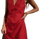 CHARTOU Women's Summer Sleeveless Mini Dress Cotton Linen V Neck Cinched A Line Slim Tank Short Dress (Medium, Red)