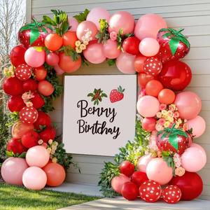 Strawberry Balloon Arch Kit Double Stuffed, Pastel Red Baby Pink Coral Balloon Garland with 18in Strawberry Foil for Berry First Birthday Baby Shower Sweet Mothers Day Wedding Party