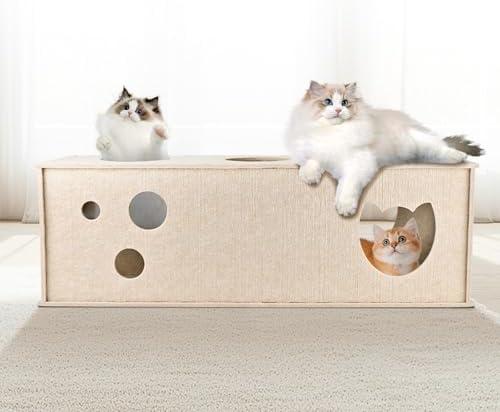 Cat Tunnel for Indoor Cats, DIY Transformable Cat Hideaway Cave, Felt Kitten Play Tubes and Tunnels, Felt Peekaboo Cat Toy with Interactive Peek Holes (Beige, Straight Tunnel)