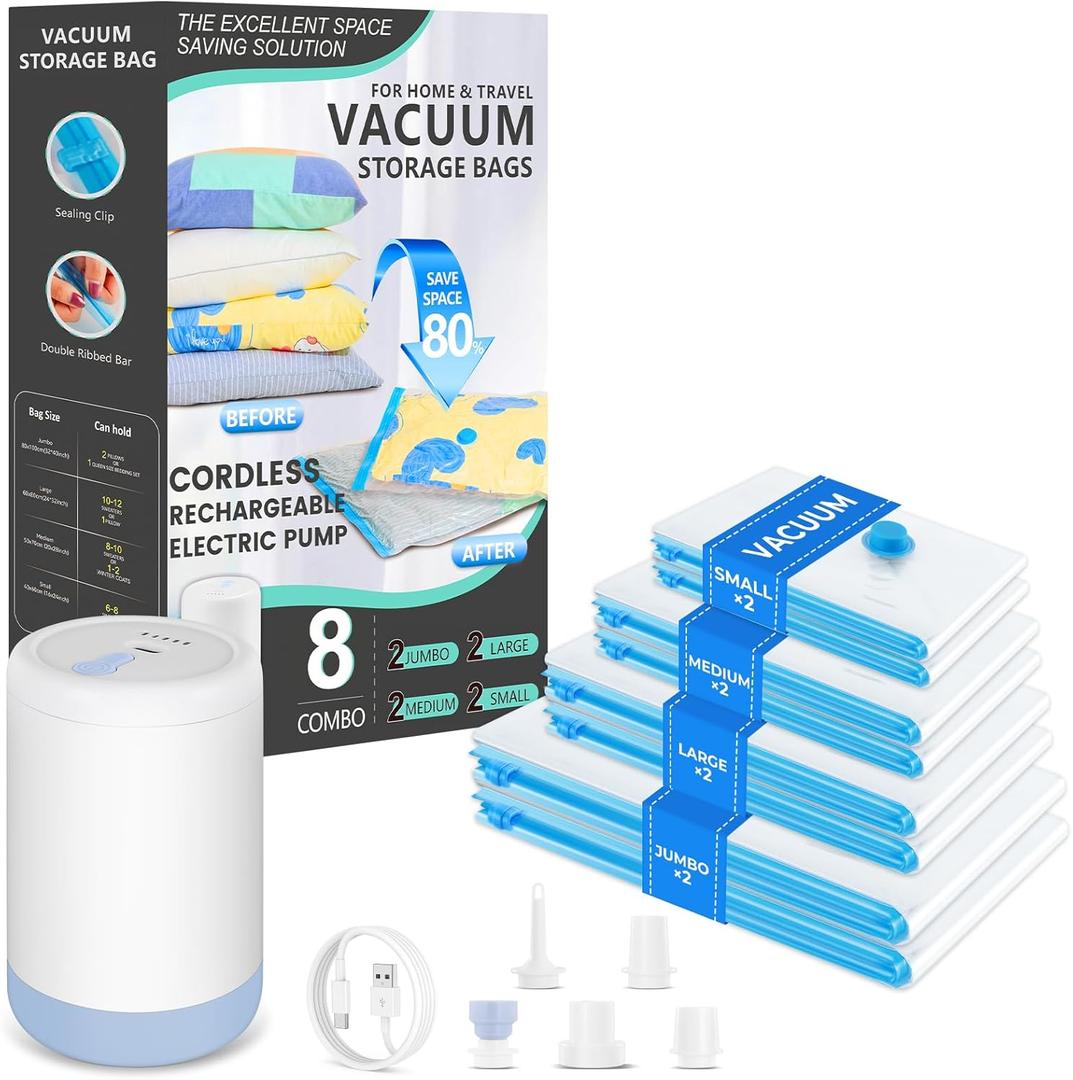 Vacuum Bags for Travel with Portable Electric Pump, 8 Pack Vacuum Seal Bags for Luggage and Suitcase Compression, Space Saver Vacuum Storage Bags for Clothes and Clothing Travel, 8 Combo