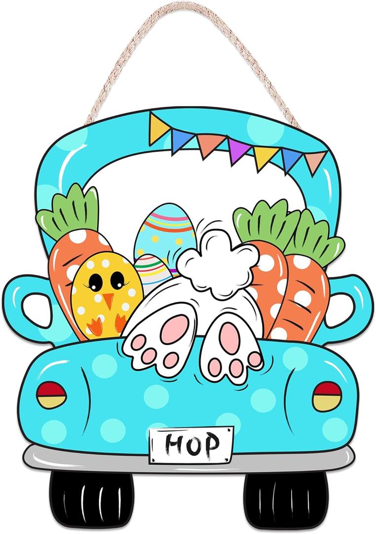 3 x Easter Door Decorations Happy Easter Bunny Tail Wooden Door Hanger Bunny Hanging Door Wall Welcome Truck Spring Holiday Door Decor Sign for Home Indoor Outdoor Easter Decor Supplies