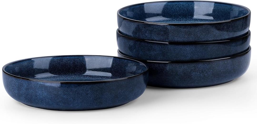 LIANYU Stoneware Pasta Bowls Set of 4, 35oz Large Salad Pasta Bowl for Home, Wide and Shallow Ceramic Plate Bowls for Serving Soup Dinner, Microwave & Dishwasher Safe, Sapphire Blue