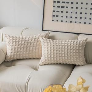 Kevin Textile Set of 2 Pillow Covers Solid Supersoft Corduroy Handmade Decorative Velvet Throw Pillow Cushion Cover for Bed 12x20 Inch Cream