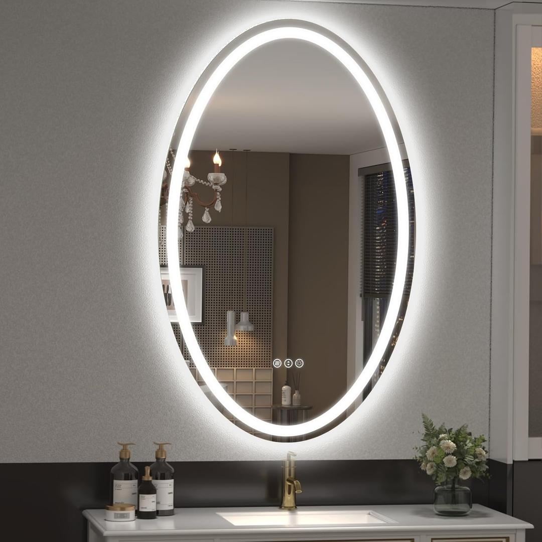 SMIROR 40 x 24 Oval LED Bathroom Mirror, Lighted Vanity Mirror for Wall, Anti-Fog, Shatter-Proof, Dimmable, Memory, 3 Colors (Front Lights + Backlit)