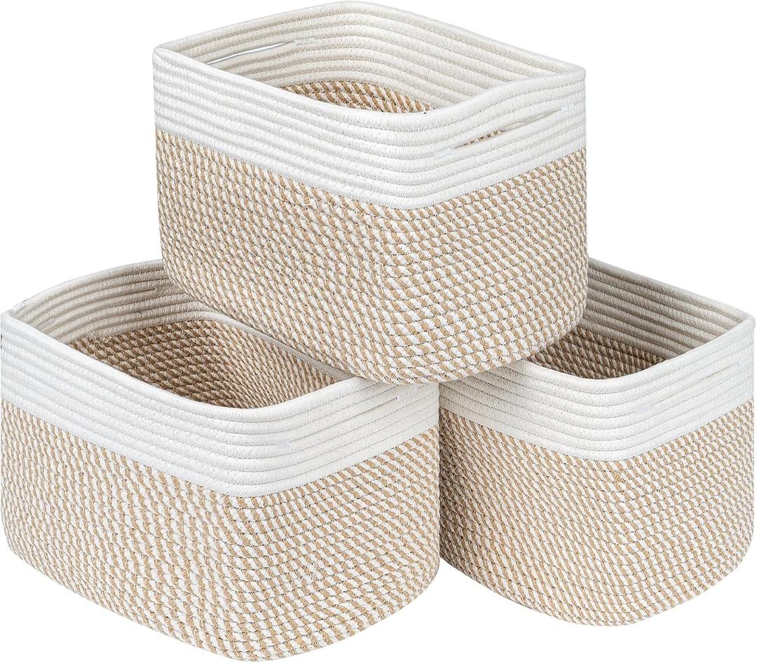 Rectangle Baby Nursery Gift Basket Set of 3Decorative Woven Rope Basket OrganizerSoft&Sturdy Baskets for Organizing with Handles Mixed Blue (3pcs-13"D x 10"W x 8.26"H)