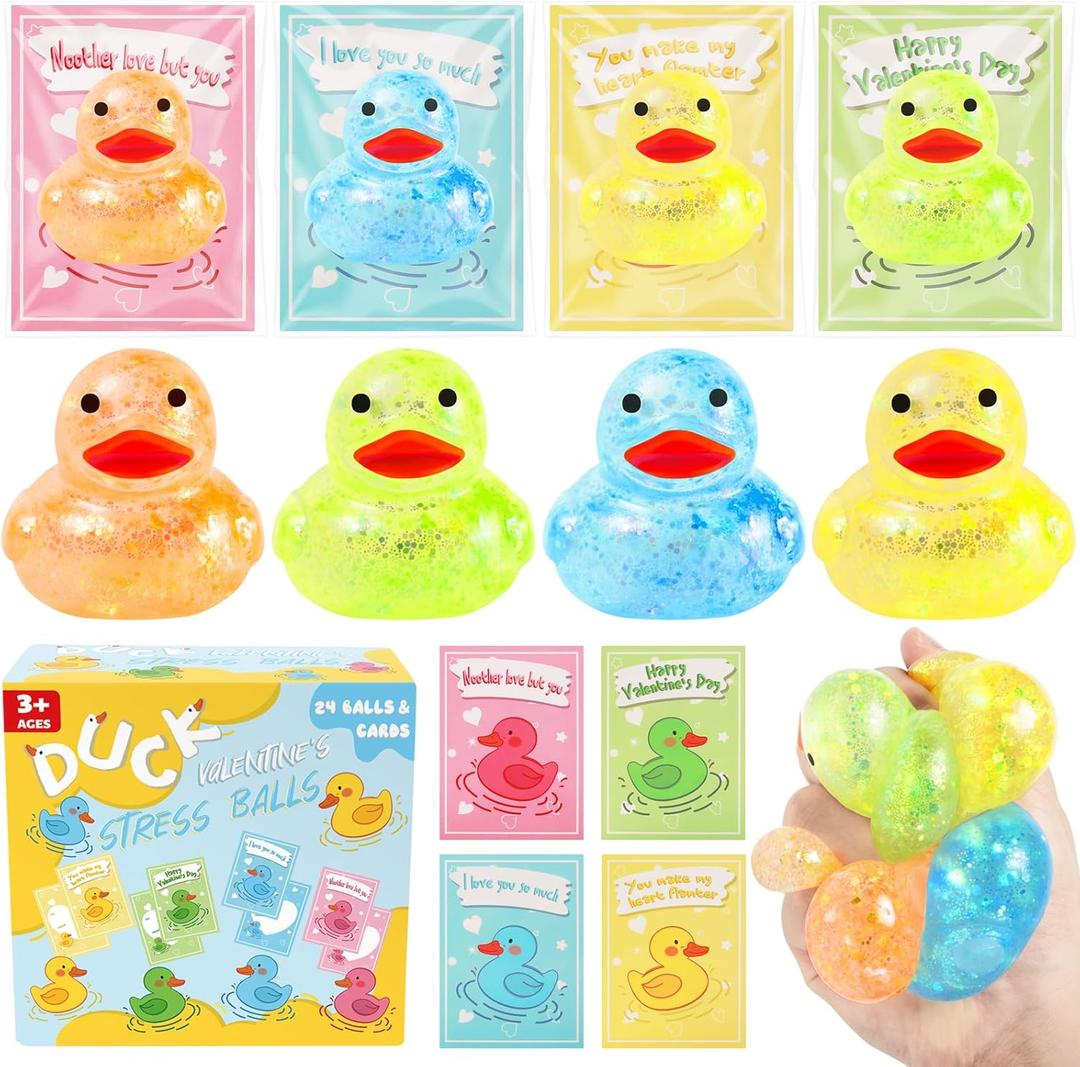 24Pack Fidget Toys with Rubber Ducks Stress Balls, Sugar Squishy Balls for Kids Boys Girls School Classroom, Bulk Prize Gift Exchange Squishy Toys for Party Favors Supplies