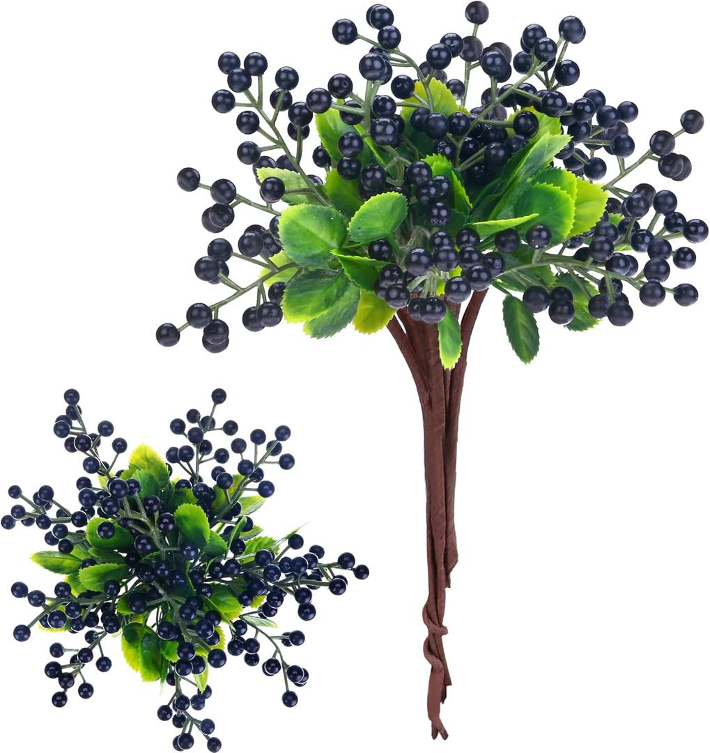 Felice Arts 6 Pack Artificial Black Berry Stems Fake Holly Berries Halloween Picks for Xmas Tree Ornaments DIY Wreath Vase Holiday Home Decor