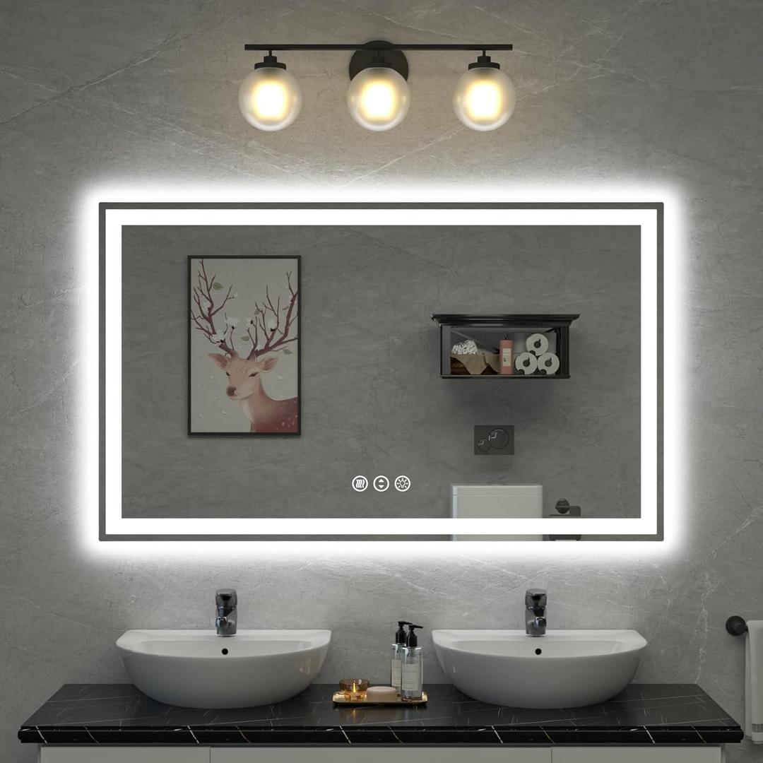 60"x 36" LED Bathroom Mirror, Double Lighting Sources Dimmable, Backlit + Front Lit, Anti-Fog, Stepless Dimmable, Lighted Bathroom Vanity Mirror for Wall Tempered Glass (Horizontal/Vertical)