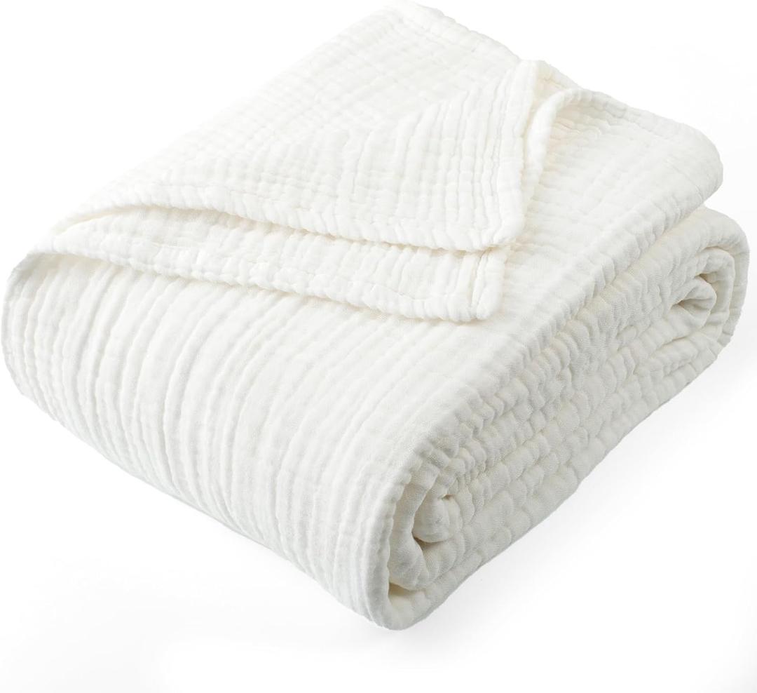 Carriediosa 100% Cotton Muslin Throw Blanket 90" X 90" Queen Size4-Layers Summer Gauze Throws for Bed CouchSoft Lightweight Breathable Linen Blankets Bedspread for Adults All SeasonWhite