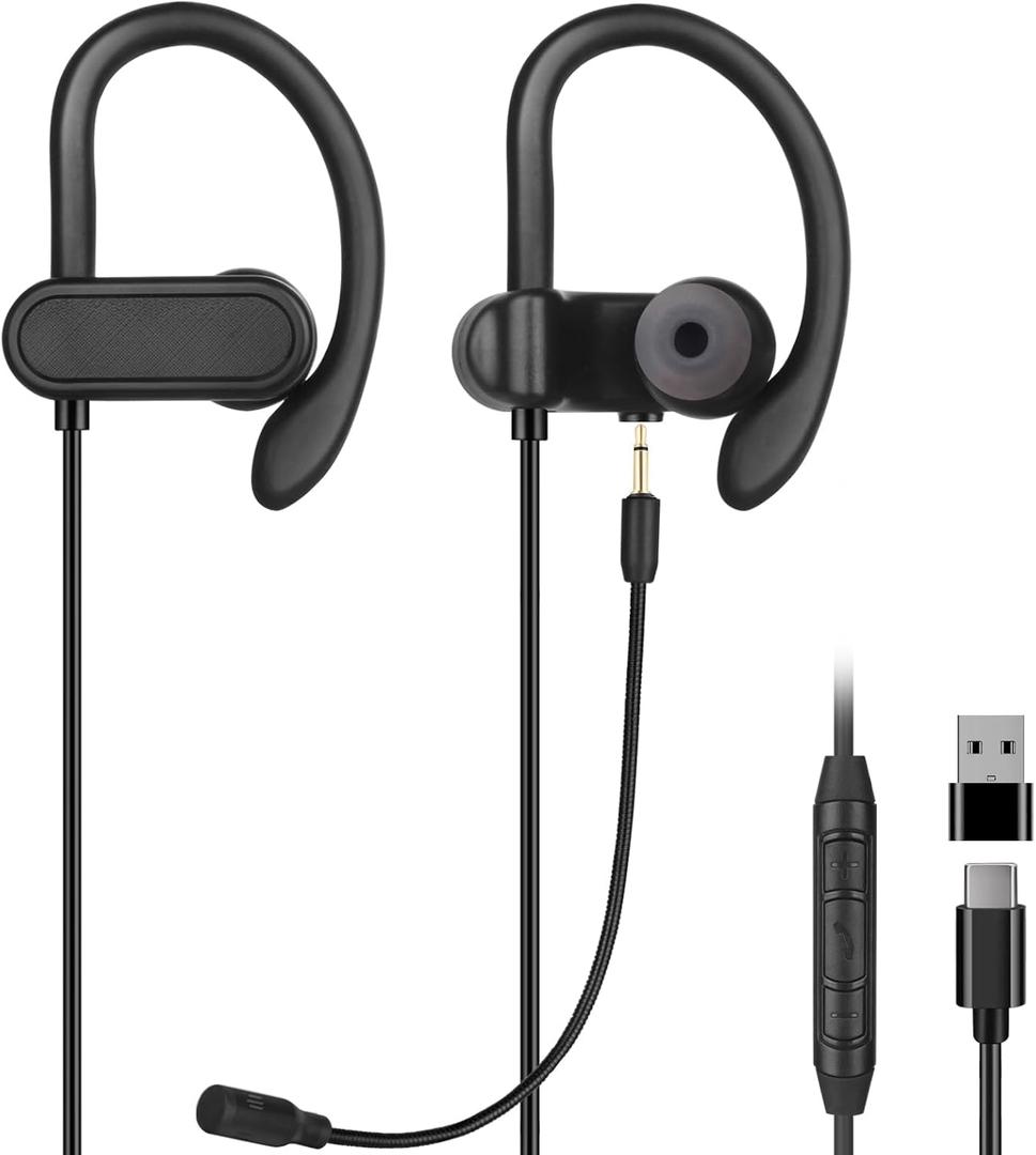 USB C & USB A Earbuds with Boom Mic for Smartphones & Computers, Wired USB C In-ear Headset with Wrap-Around Ear Hooks, Dual Mic Earbuds, 5.9FT - Perfect for Calling, Meeting, Work and Gaming