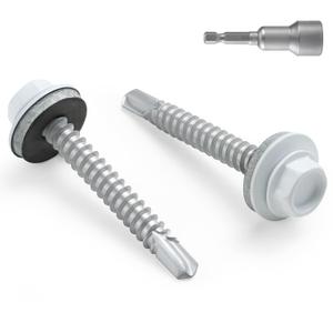 #10 x 1-1/ 2 in Self-Drilling Metal Roofing Screws, Sheet Metal Roof Screw, EPDM Washer, White Hex Head, with Hex Driver Bit (3LBs, 238Pcs)
