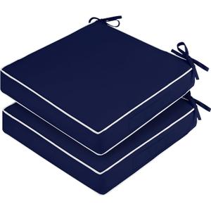 Waterproof Outdoor Chair Cushions Set of 2, Square Outdoor Seat Cushions with Ties and Removable Covers, 19 x 19 Outdoor Cushions for Patio Furniture with Portable Handle(Navy/White) (19x19x3, Navy/White Piping)