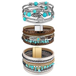 Inbagi Turquoise Bracelet for Women Leather Bracelet Western Jewelry for Women (Vintage), Pack Of 2 Inbagi Turquoise Bracelet for Women Leather Bracelet Western Jewelry for Women (Vintage), Pack Of 2