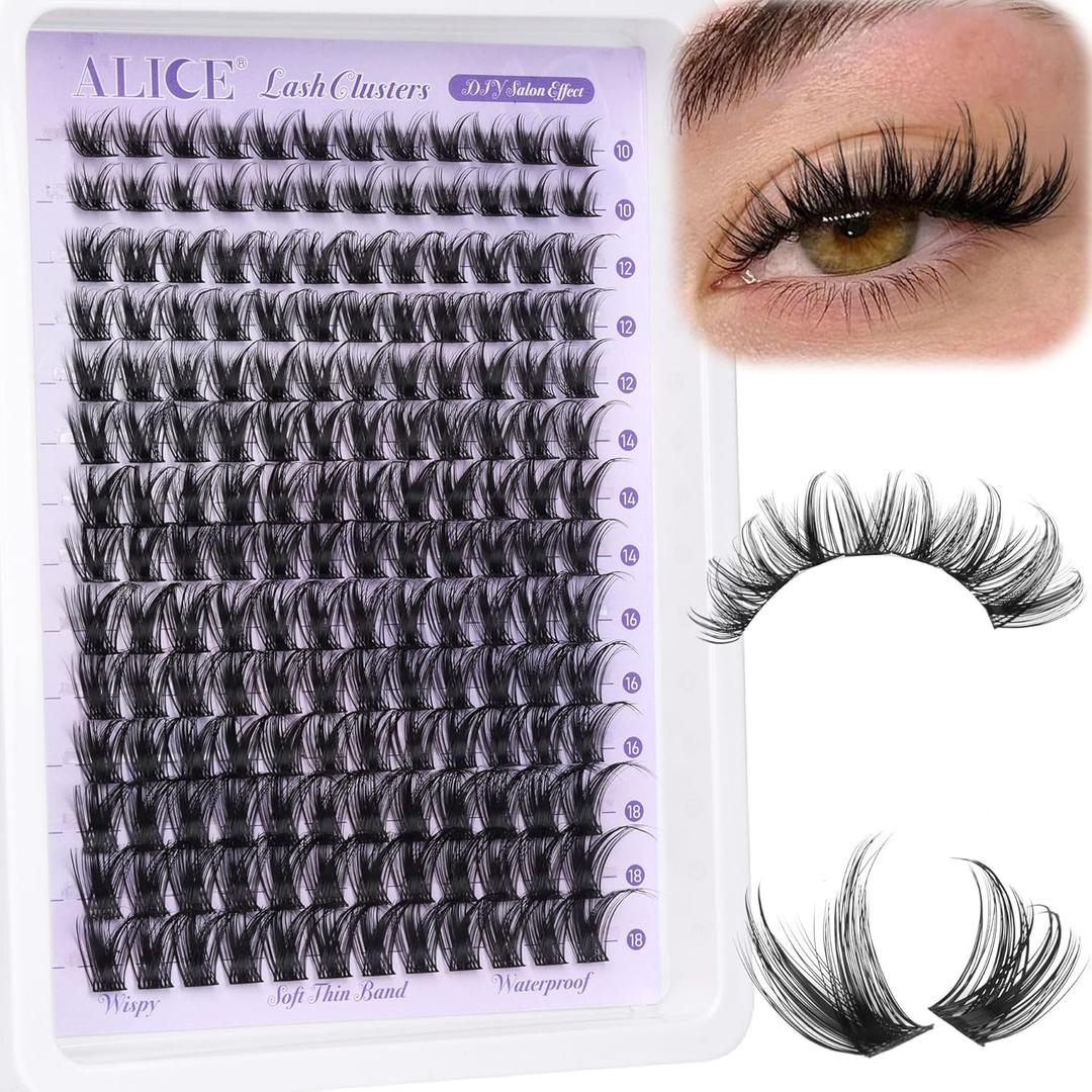 ALICE Lash Clusters Wispy Eyelash Clusters 10-18mm 168pcs Cluster Eyelash Extensions Natural Volume Lash Extensions DIY Individual Lashes with Soft Thin Band