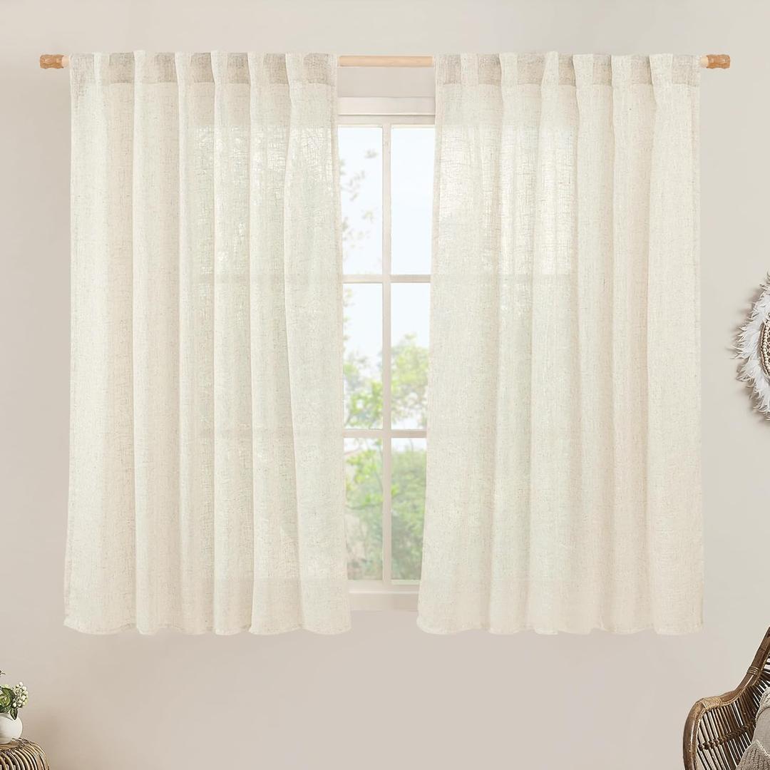 LAMIT Natural Linen Semi Sheer Window Curtains 54 Inch, Light Filtering Neutral Bedroom Curtains Farmhouse Boho Back Tab and Rod Pocket Panels, Cream Ivory, 2 Panels, 52 x 54 Inch