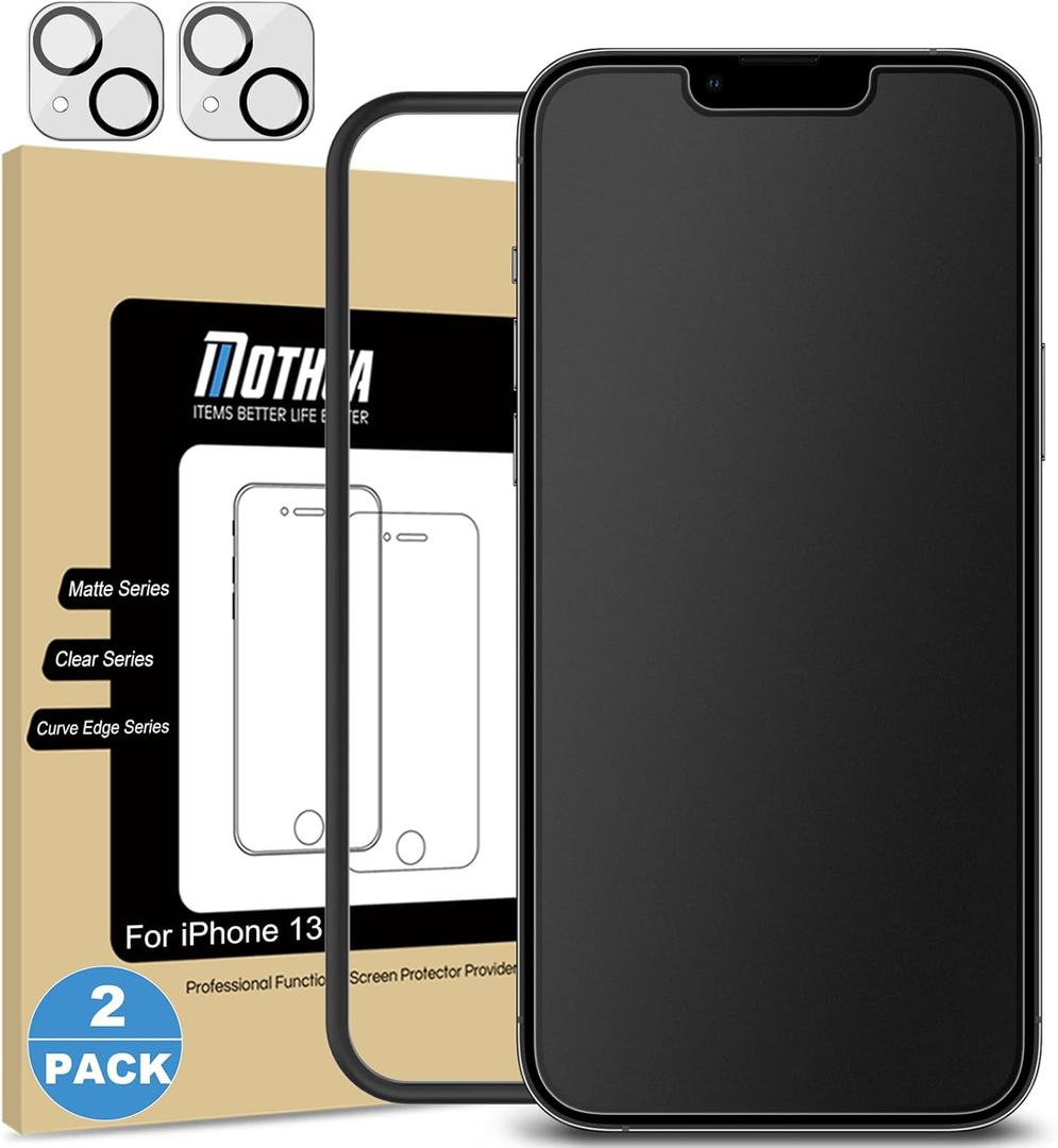 Mothca 2 Pack Matte Glass Screen Protector for iPhone 13 [6.1 inch] with 2 Pack Camera Lens Protector, Anti-Glare & Anti-Fingerprint Tempered Glass Film, Case Friendly Bubble Free Smooth as Silk