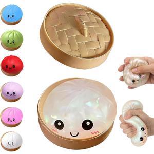 Dumpling Squishies Toy, Giant Glitter Dumpling, Colorful Steamed Bun Stress Balls Fidget Sensory Toy,Squeeze Dough Ball Stress Relief Hand Toys with Food Steamer Stretchy Desk Toys (Transparent)