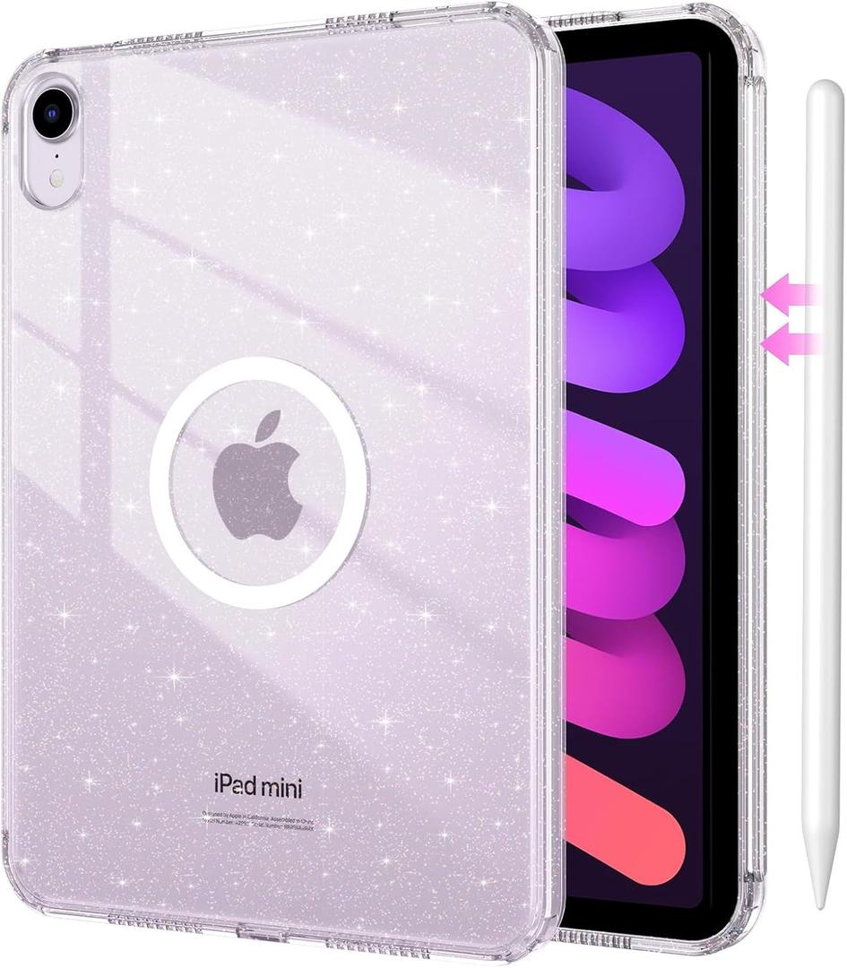 DUEDUE for iPad mini 7 2024 (A17 Pro)/iPad mini 6 2021 Case Magnetic, iPad mini 7th/6th Gen Cases Glitter Anti-Yellowing Sparkle Cover Transparent Case for iPad mini 7/Mini 6, Clear/Glitter