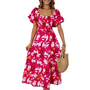 Summer Bright Floral Dress for Women 2025 - Versatile Square Neck or Off-Shoulder with Puff Sleeve for Casual, Beach (Pink, S)