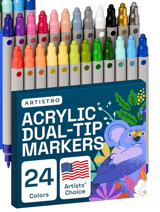 ARTISTRO School Project & Teachers Must Have – Bright & Bold 24‑Pack Acrylic Paint Marker Set – Dual‑Tip: Dot, Fine, Brush - Multi‑Surface Budget Bundle