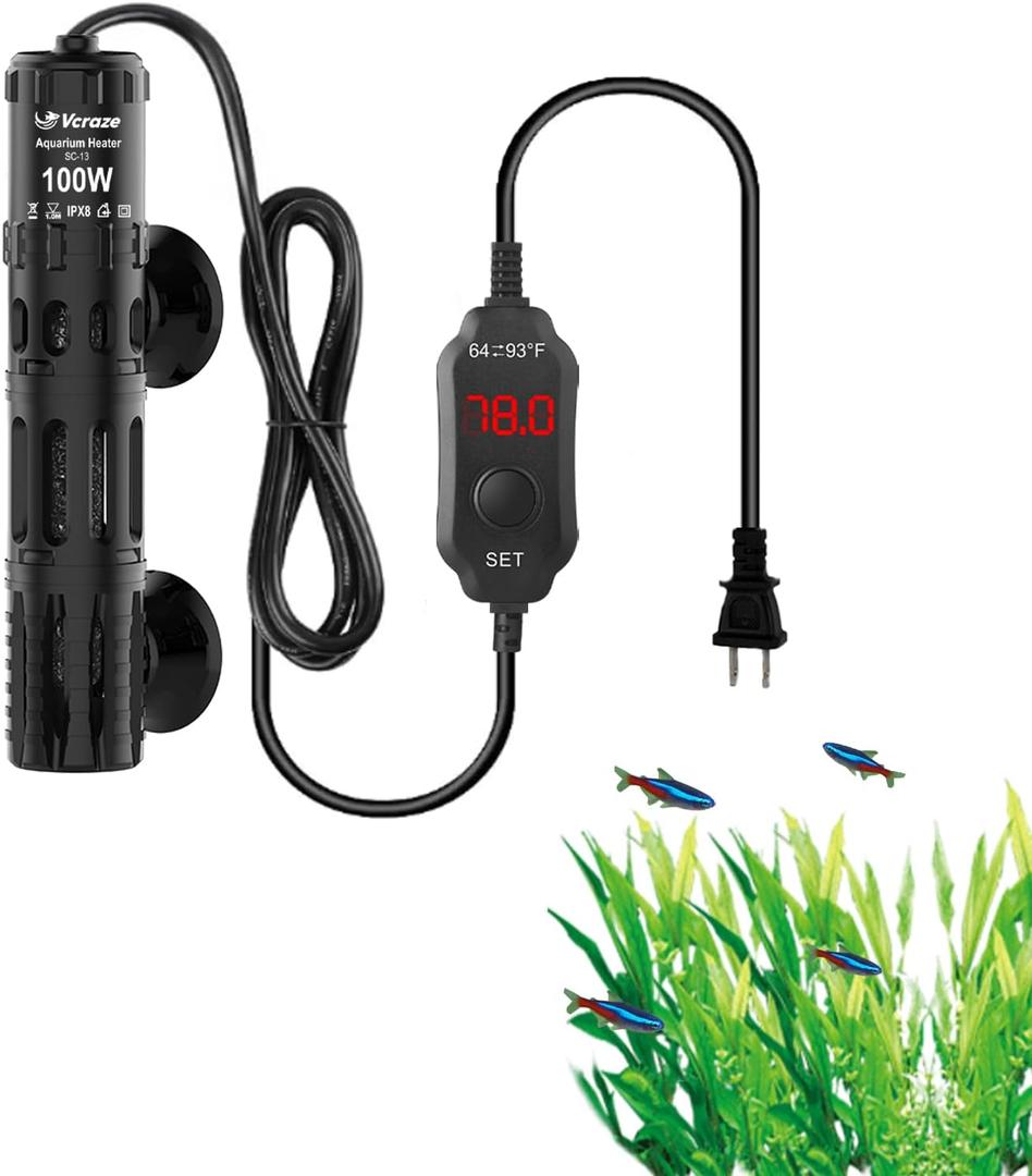 Aquarium Heater 100W, Submersible Fish Tank Heater with LED Digital Display, Auto Power-Off When Leaving Water & High Temp Protection, for Fresh and Salt Water Tanks 10-20 Gal