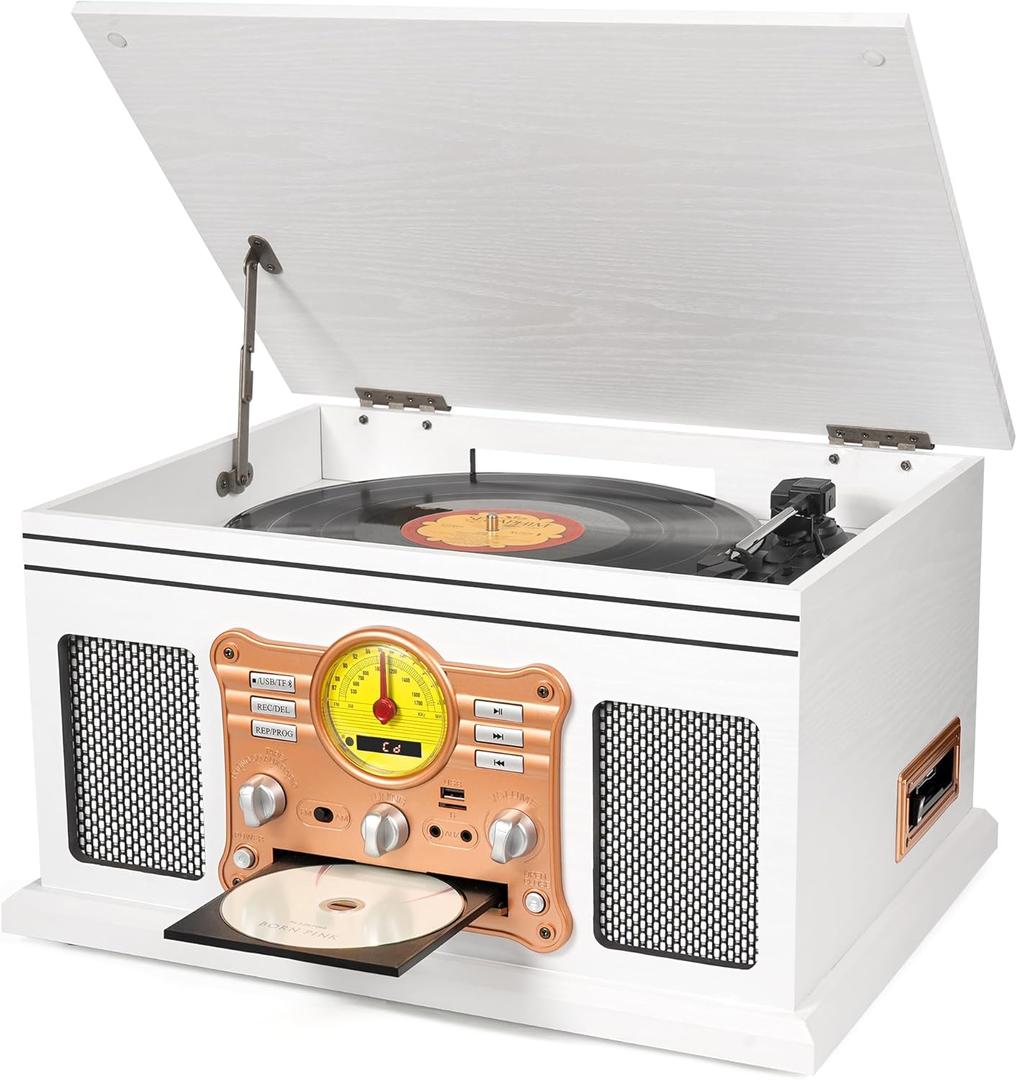 10 in 1 Vintage Bluetooth Record Player Turntable with Built-in Speakers, Vinyl Turntable CD Cassette Player & AM/FM Radio Combo Multimedia Center, USB Recording, RCA Out AUX in, White Wood (White Rose Gold)