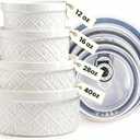 Large Mixing Bowls with Airtight Lids, Classic White Porcelain Embossed Nesting Salad Bowls for Baking and Cooking, 12/16/28/40oz Serving Bowls Set of 4, Oven and Dishwasher Safe, Thanksgiving Gift