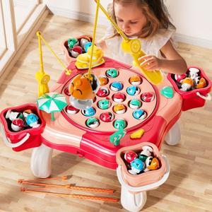 Magnetic Fishing Game Toys, Rotating Board Game with Music Including 48 Fishes and 8 Fishing Poles, Party Game Toys for Kids Age 4 5 6 7 8 and Up (Pink)