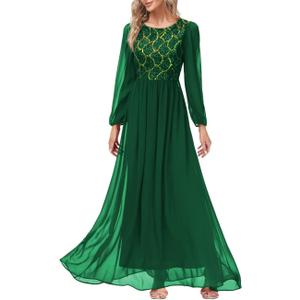 Women's Sequin Evening Dresses Long Sleeves Crewneck Floor Length Chiffon Formal Ball Gowns Dress (XL)