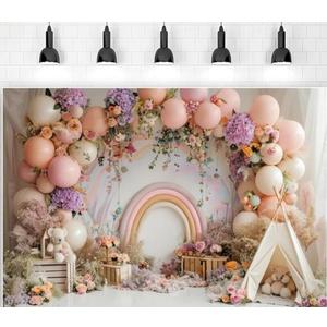 Newborn Baby 1st Birthday Photography Backdrop - Boho Balloons Tent Flower Decor Background for Kids Birthday, Baby Shower Party Portrait Cake Smash Props (7x5ft)