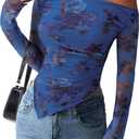 PRETTYGARDEN Womens Fall Trendy Off Shoulder Y2k Tops 2025 Tie Dye Mesh Long Sleeve Shirts Asymmetrical Ruched Floral Blouse (Medium)