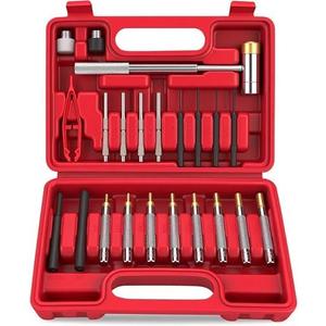 SEDY 22-Pieces Roll Pin Punch Set, Roll Pin Starter Punch, Brass, Steel, Plastic Punches, 4 Heads Hammer & 1 Plastic Tweezers. Red Storage Carrying Case provided