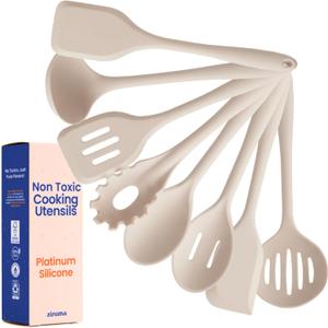 Non-Toxic Platinum Silicone Kitchen Utensil Set of 8 Non-Scratch Cooking Spoons & Spatulas, 100% Plastic Free, Stainless Steel Core, Heat Resistant 500F, Beige