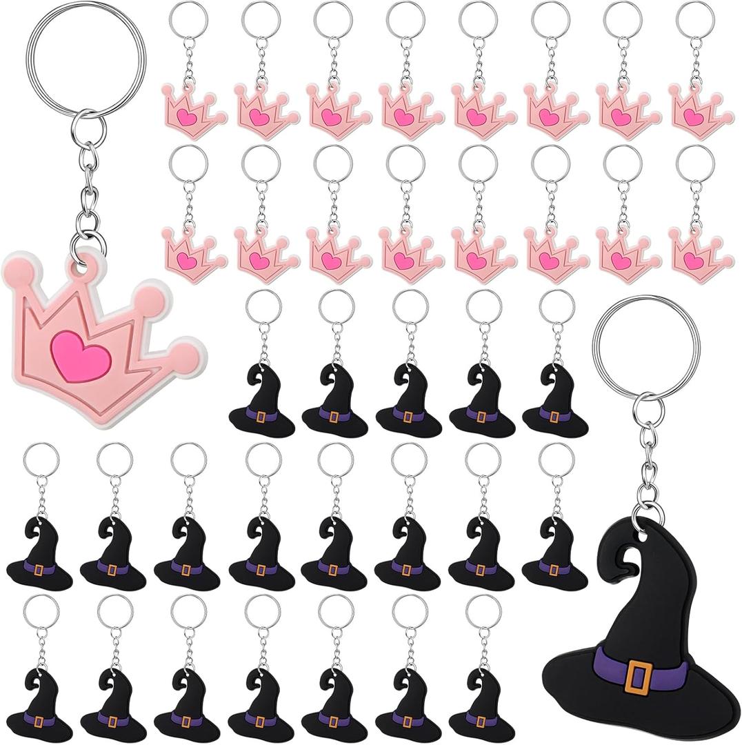 36 Pcs Witch Party Favors Pink and Green Gifts Princess Crown Witch Hat Silicone Keychains Witchy Friendship Matching Keychains Gifts for Movie Fan Women Birthday Party Favors