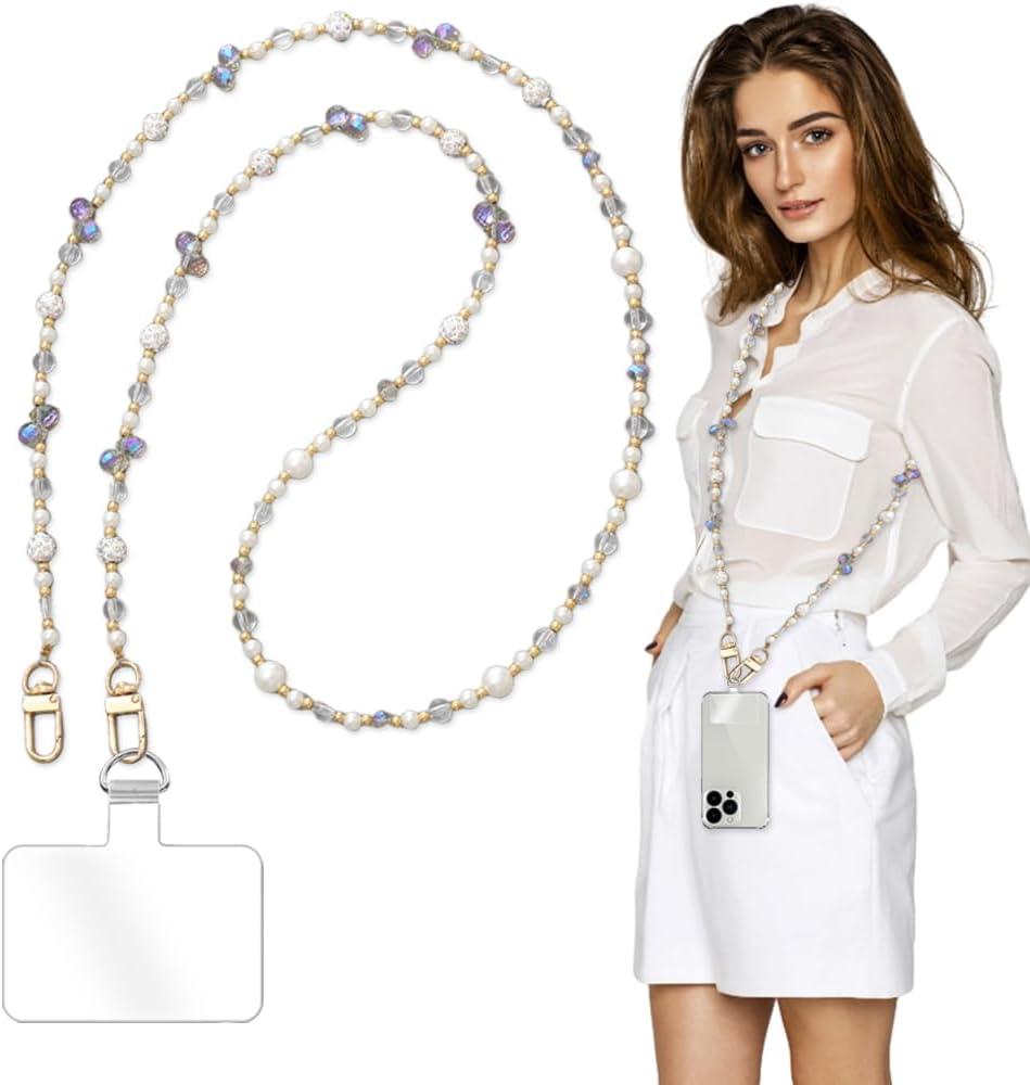 Phone Chain Crossbody Pearl Strap, Pearl Beaded Chain Shoulder Crossbody Lanyard with Phone Tether Patches Compatible with Most Phones Bag Purse(J)