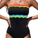popvil One Piece Swimsuits for Women 2026 Strapless Tummy Control Neon Bandeau Bathing Suits, Black, Small