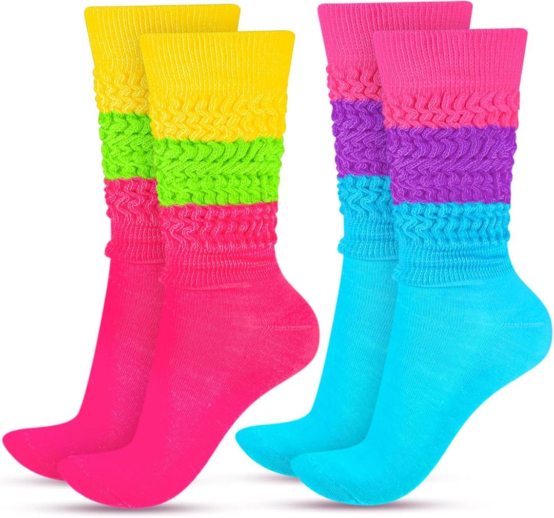 JenPen 2 Pairs 80s 90s Neon Slouch Socks for Women Valentine Galentine's Day Soft Scrunch Socks Gift Extra Long, One Size, Rose Red, Purple, Blue, Fluorescent Green/Yellow Size One Size